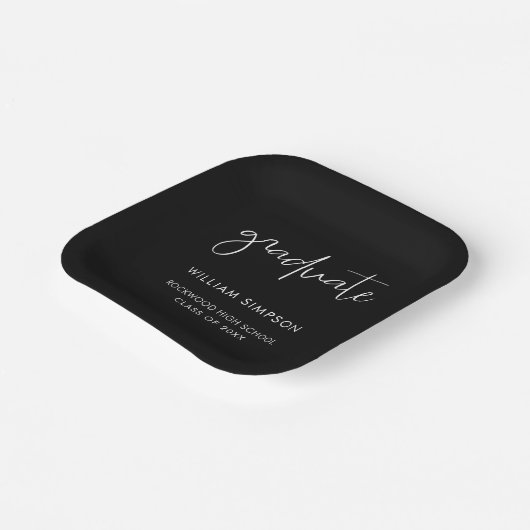 Modern Script Black Graduation Paper Plates Papieren Bordje (Gebogen)