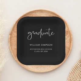 Modern Script Black Graduation Paper Plates Papieren Bordje
