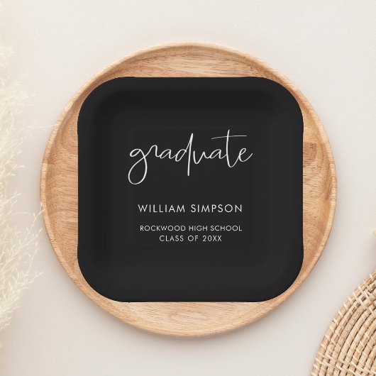 Modern Script Black Graduation Paper Plates Papieren Bordje