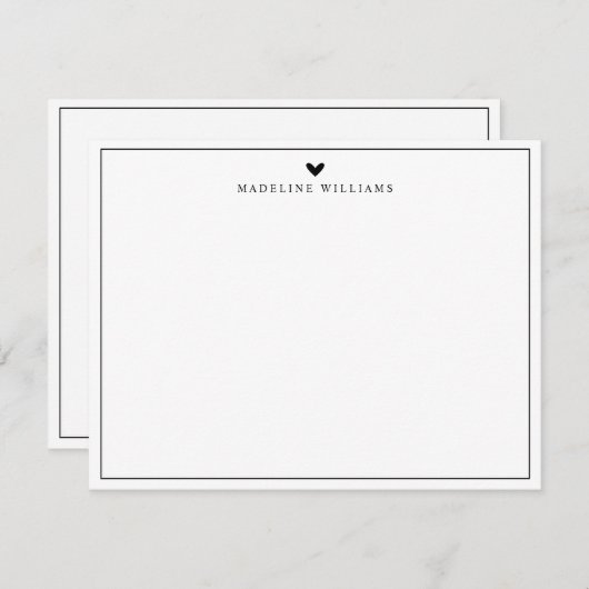 Modern Script Black Heart Border Monogram Notitiekaartje (Voorkant / Achterkant)