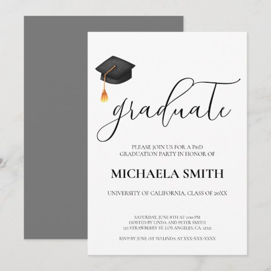 Modern Script Black Pet College Afstudeerfeest Kaart (Voorkant / Achterkant)