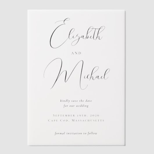 Modern Script Black Wedding Overlay Vellum Uitnodigingen (Voorkant)