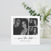 Modern Script Black & White 3 Photo Save the Date (Staand voorkant)