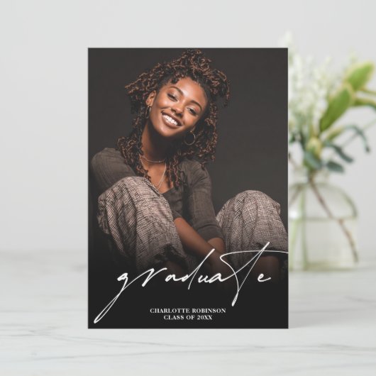 Modern Script Black White 4 Photo Graduation Kaart (Staand voorkant)