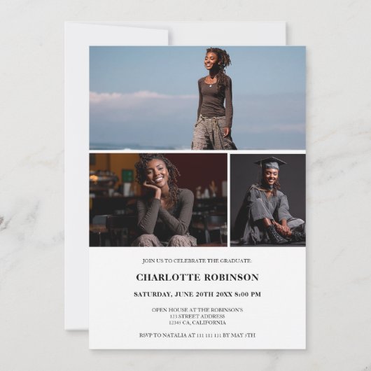 Modern Script Black White 4 Photo Graduation Kaart (Achterkant)