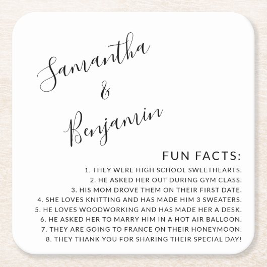 Modern Script Black & White Facts Wedding Kartonnen Onderzetters (Voorkant)