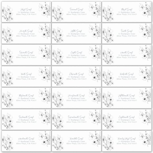 Modern Script Black White Floral Guest Address Sticker (Voorkant)
