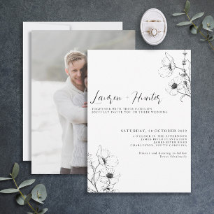 Modern Script Black White Floral Photo Wedding Inv Kaart
