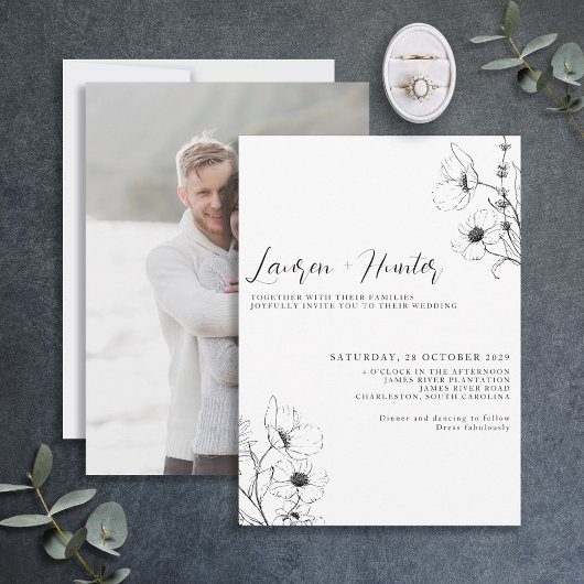 Modern Script Black White Floral Photo Wedding Inv Kaart