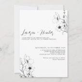Modern Script Black White Floral Photo Wedding Inv Kaart (Voorkant)