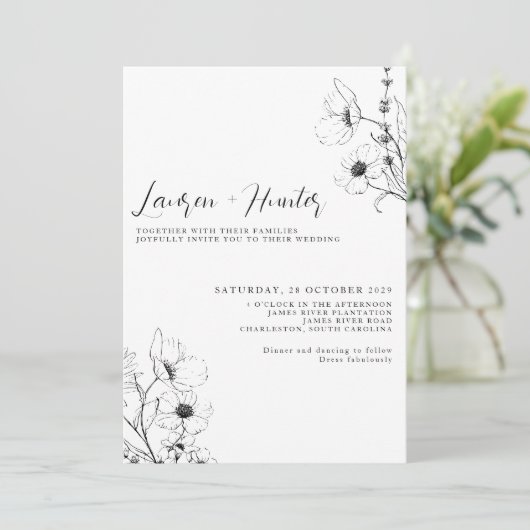 Modern Script Black White Floral Photo Wedding Inv Kaart (Staand voorkant)