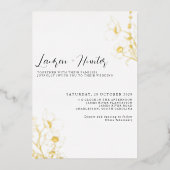 Modern Script Black White Floral Wedding Gold Folie Uitnodiging (Voorkant)