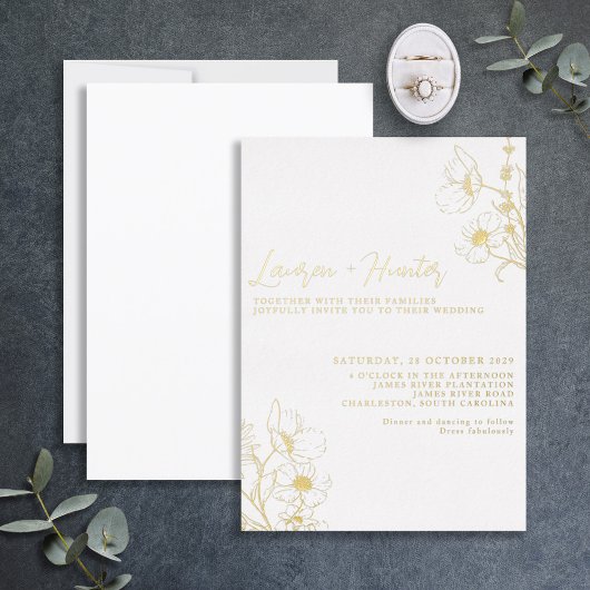 Modern Script Black White Floral Wedding Gold Folie Uitnodiging