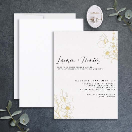 Modern Script Black White Floral Wedding Gold Folie Uitnodiging