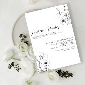 Modern Script Black White Floral Wedding Kaart