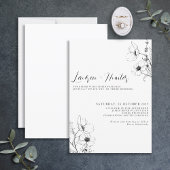 Modern Script Black White Floral Wedding Kaart
