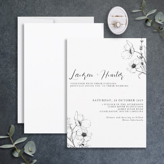 Modern Script Black White Floral Wedding Kaart