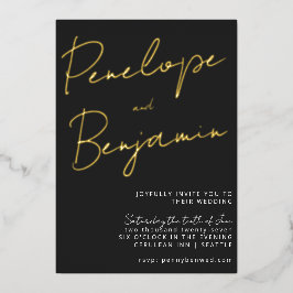 Modern Script Black White Gold Elegant Wedding Folie Uitnodiging