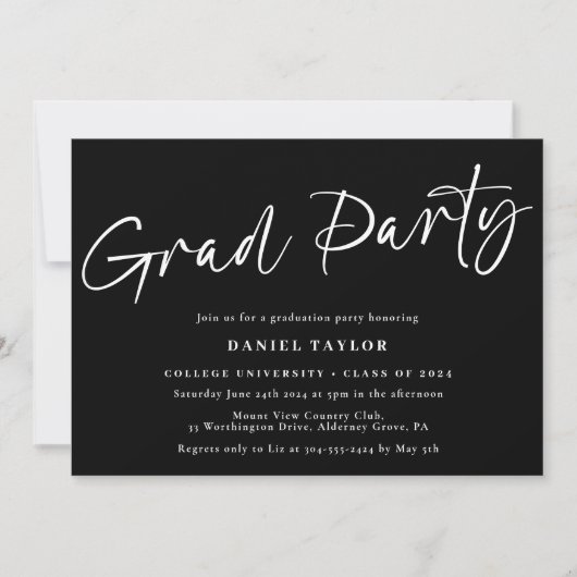 Modern Script Black White Graduparty Kaart (Voorkant)