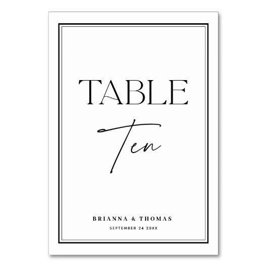 Modern Script Black & White Table Number 10 Kaart (Voorkant)