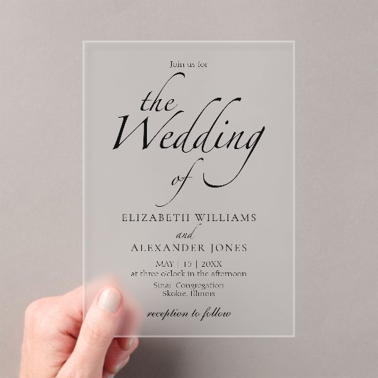 Modern Script Black & White Wedding Acryl Uitnodigingen (Insitu (Draagbaar))