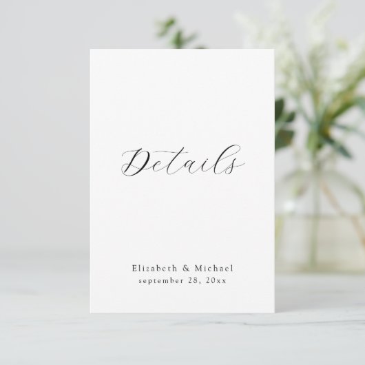 Modern Script Black & White Wedding Details Card Kaart (Staand voorkant)