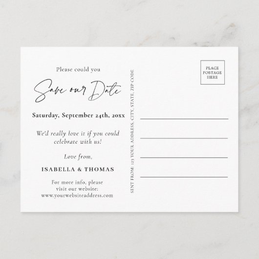 Modern Script Black White Wedding Save the Date Aankondigingskaart (Achterkant)