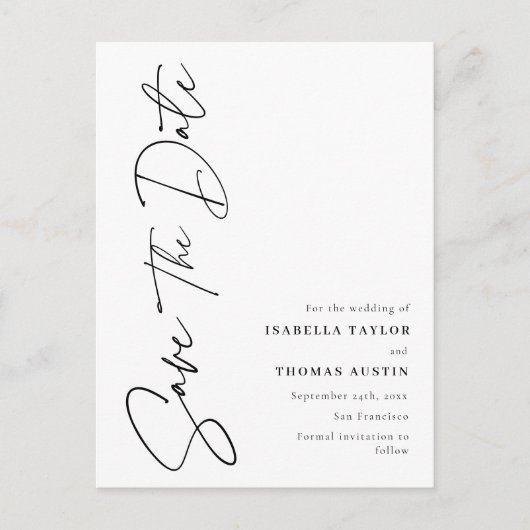 Modern Script Black White Wedding Save the Date Aankondigingskaart (Voorkant)