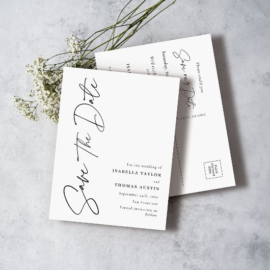 Modern Script Black White Wedding Save the Date Aankondigingskaart