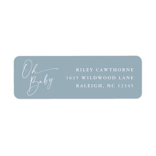 Modern Script Blauw Baby shower Retouradres Etiket (Voorkant)