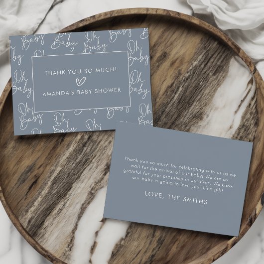 Modern Script Blauw Oh Baby Eenvoudig Baby shower Bedankkaart
