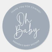 Modern Script Blauw Oh Baby Eenvoudige Douche Favo Ronde Sticker (Voorkant)