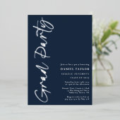 Modern Script Blauw Zilver Afstudeerfeest Folie Uitnodiging (Staand Voorkant)