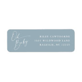 Modern Script Blauwe Baby Shower Retouradres Etiket (Voorkant)