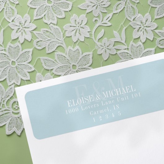Modern Script Blauwe Citrus Monogram Huwelijk Etiket