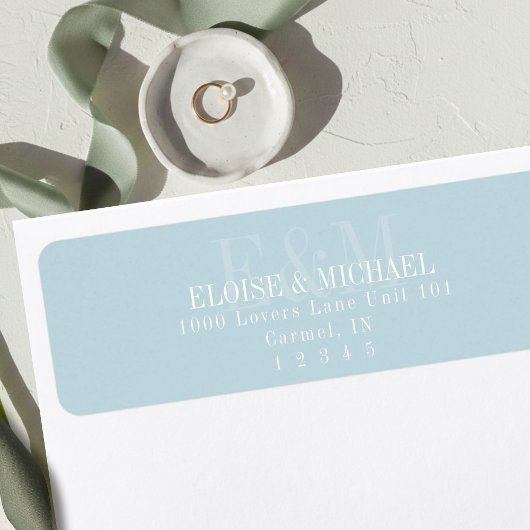 Modern Script Blauwe Citrus Monogram Huwelijk Etiket
