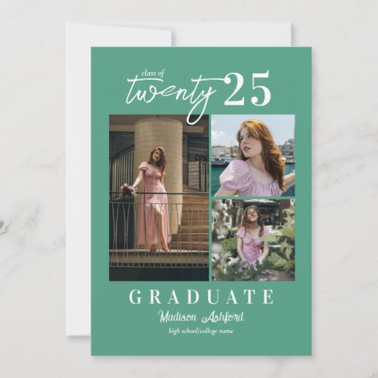 Modern Script Blauwgroen 3 Photo Collage Afstudere Aankondiging (Voorkant)