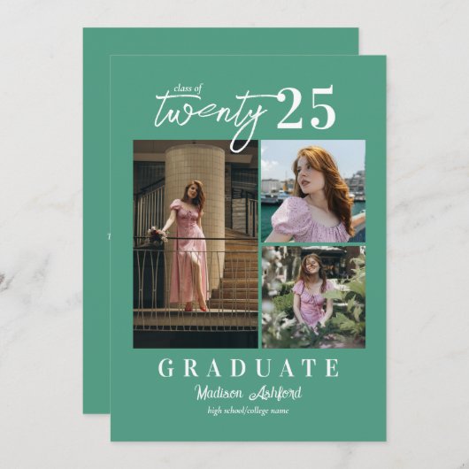 Modern Script Blauwgroen 3 Photo Collage Afstudere Aankondiging (Voorkant / Achterkant)
