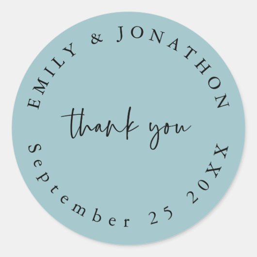 Modern Script Blauwgroen Dank je Namen Datum Bruil Ronde Sticker (Voorkant)