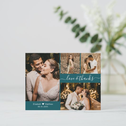 Modern script Blauwgroen foto Collage Wedding Beda Briefkaart (Staand voorkant)