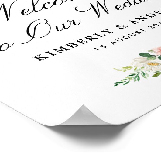 modern script bloush floral bruiloft welkomstbord poster (Hoek)