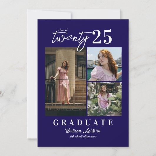 Modern Script Blue 3 Photo Collage Afstuderen Aankondiging (Voorkant)