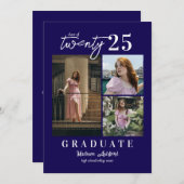 Modern Script Blue 3 Photo Collage Afstuderen Aankondiging (Voorkant / Achterkant)