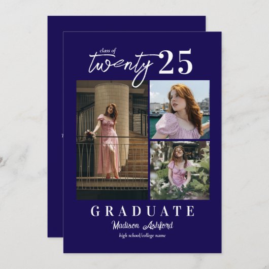 Modern Script Blue 3 Photo Collage Afstuderen Aankondiging (Voorkant / Achterkant)