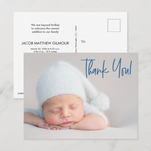 Modern script blue Baby Photo baby shower Briefkaart (Voorkant / Achterkant)