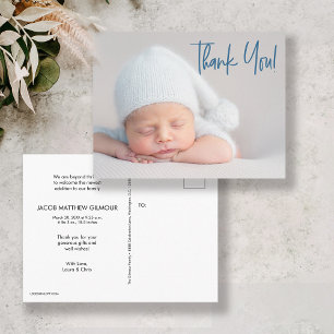 Modern script blue Baby Photo baby shower Briefkaart