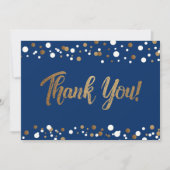 Modern script Blue Gold Confetti Afstuderen Bedankkaart (Voorkant)