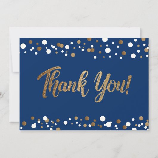 Modern script Blue Gold Confetti Afstuderen Bedankkaart (Voorkant)