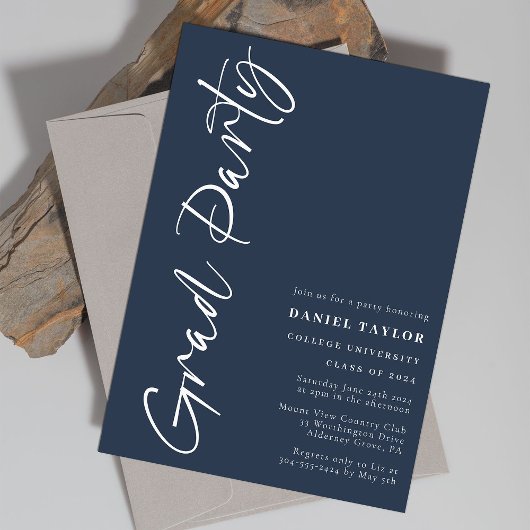 Modern Script Blue Graduation Party Kaart