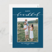 Modern Script Blue Happy Hanukkah Foto Feestdagenkaart (Voorkant / Achterkant)